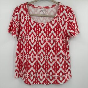 Chicos The Ultimate Tee Pink White Ikat Print Short Sleeve Cotton Top Size 2 L‎